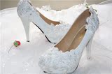 新款手工蕾丝珍珠花朵高跟结婚新娘伴娘鞋超仙公主矮跟孕妇平底鞋