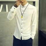 秋季男士修身型亚麻衬衫男长袖青少年加绒保暖衬衣韩版休闲白寸衫