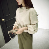 2016春季新款女装韩版套头立领上衣衬衫灯笼袖打底衫百搭短款纯色