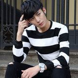 男长袖秋季条纹针织卫衣黑白条圆领套头青年学生t恤韩版修身外套