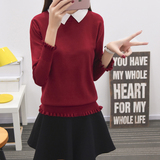 鄂珍妮新款韩版带领子打底衫毛衣女学生娃娃领套头假两件针织衫