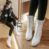欧洲站女鞋内增高雪地靴坡跟短靴真牛皮白色加厚底短筒2015冬珠光