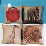 一橙棉麻抱枕 抽象创意猫头鹰大象长颈鹿老鹰卡通动物沙发腰靠垫