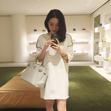 韩国代购2016春装新款女装大码直筒白色裙子宽松棉麻连衣裙夏中裙