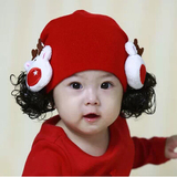 韩版秋冬儿童假发帽 可爱卡通麋鹿针织套头帽 婴儿保暖套头帽包邮