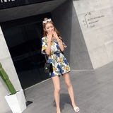 夏季新款2016时尚韩版花色V领荷叶边袖系带收腰显瘦雪纺连体裤女