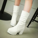2016外贸新款靴子女春秋中靴高跟粗跟韩版简约中筒靴女鞋白色单靴