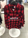 HM H&M专柜正品代购2016春女装红色格纹长袖棉衬衫0336481006