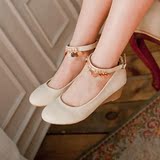 春季甜美女鞋平跟坡跟单鞋韩国公主浅口扣带串珠低跟中跟女鞋