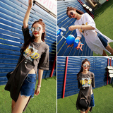 韩版2016夏季女装新款开叉中长款卡通印花宽松套头棉T恤短袖上衣