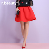 r．beauty秋季女装新品大红色条纹伞裙太空棉半身短裙子r15C5693