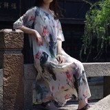 16夏季新款原创民族风水墨中国画印花袍子双层开叉宽松连衣裙长裙