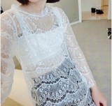 春夏季新款2016韩版大码女装连衣裙中长款蕾丝长袖镂空立领打底裙
