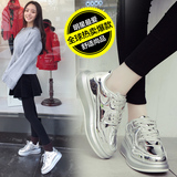 新款秋季女鞋韩国休闲运动鞋厚底漆皮板鞋金色松糕鞋银色低帮鞋女