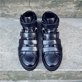 欧美潮流双拉链设计真皮高帮男鞋魔术贴黑色真皮皮鞋板鞋