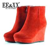 EEXX2016专柜新款圆头坡跟短筒靴高跟真皮磨砂舒适女靴子简约0491