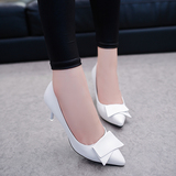 女夏2016新款百搭白色高跟鞋尖头蝴蝶结5-6厘米中跟细跟女士皮鞋
