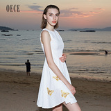 【F】Oece2016夏装新款女装 清新圆领无袖蝴蝶刺绣连衣裙夏