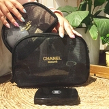 包邮韩国黑色网纱化妆包便携小号透明蕾丝双层收纳包手拿包洗漱包