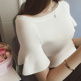 韩版纯色修身冰丝露肩一字领短袖针织衫t恤性感荷叶边喇叭袖上衣