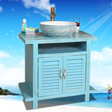 古古拉风 复古蓝白色小清新卫浴柜  实木百叶地中海浴室柜组合