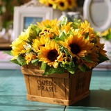 向日葵仿真花加美式木质花盒餐桌上的装饰花假花仿真花 客厅 室内