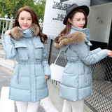2015棉衣女中长款修身大码学生韩国外套 大毛领纯色长袖羽绒棉服