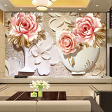 大型3D无缝墙纸立体花朵玫瑰花瓶壁画彩雕客厅电视背景墙壁纸墙画