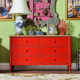 奇居良品 中式新古典实木家具 博克赛大红色6抽屉斗柜餐边柜