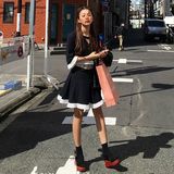 夏季新款韩国代购chic复古蕾丝拼接喇叭袖镂空条纹假两件连衣裙女