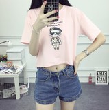 韩版夏装露脐短款 短袖t恤女宽松修身百搭漏肚脐高腰上衣打底衫女