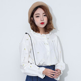 2016秋季韩版小清新木耳领刺绣花朵白衬衫女长袖宽松显瘦衬衣