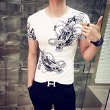 夏季霸气纹身短袖T恤男中国风个性烫钻半截袖大码打底衫龙图案T恤