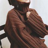 前短后长喇叭袖宽松罩衫韩版秋冬季坑条套头针织衫高领开叉毛衣女