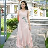 实拍 原创设计师女装2016年夏装中国风文艺范复古棉麻印花背心裙