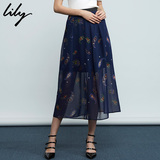 Lily2016女装秋季新款优雅A型半身裙印花半透视长裙116319C6910