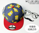韩国新款可爱卡通辛普森牛仔拼色平沿嘻哈帽韩版棒球帽子潮男女夏