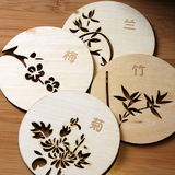 创意木质四季风梅兰竹菊圆形杯垫餐垫隔热垫碗垫茶垫中国风礼品