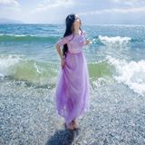 复古优雅紫色蕾丝网纱拼接大摆连衣裙仙 海边度假沙滩长裙夏季
