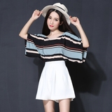 2016新款韩版潮时尚彩色条纹雪纺衫+收腰短裤套装两件套女装夏季
