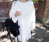 2016夏季新款韩版女装 长袖圆领收腰中长款连衣裙 白色大码半身裙