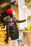 2015冬韩版修身显瘦中长款貉子毛领字母卡通印花羽绒服女潮外套