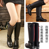 高筒雨靴女式 牛仔骑士马靴雨鞋黑色 日韩版搭扣显瘦后跟拉链军靴