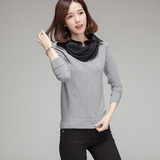 2016秋季新款韩版长袖打底针织衫 假两件围巾衬衫领拼接羊毛衣女