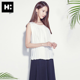 H:CONNECT韩版时尚百搭女式无袖雪纺衫褶皱t恤衫上衣2016夏季新款