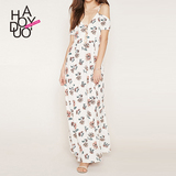 Haoduoyi2016夏装新款 性感V领交叉编织 花朵印花吊带长裙连衣裙