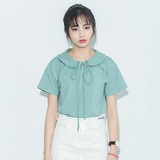 2016夏韩版新款娃娃领系带短袖t恤甜美棉质中长款上衣学生打底衫