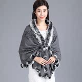 2015新款韩版獭兔毛球球披肩围脖围巾长款加厚保暖羊绒披肩两用围