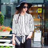 EXUN|衣讯女装2016夏季专柜新款上衣条纹宽松短袖雪纺衫衬衣女夏