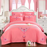 韩式结婚床品婚房四件套粉红色绣花婚礼纯棉全棉床上用品四六件套